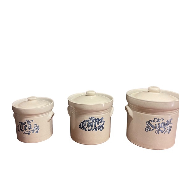 Pfaltzgraff vintage ceramic 3 piece canister set w/lids cream and blue - Picture 6 of 11